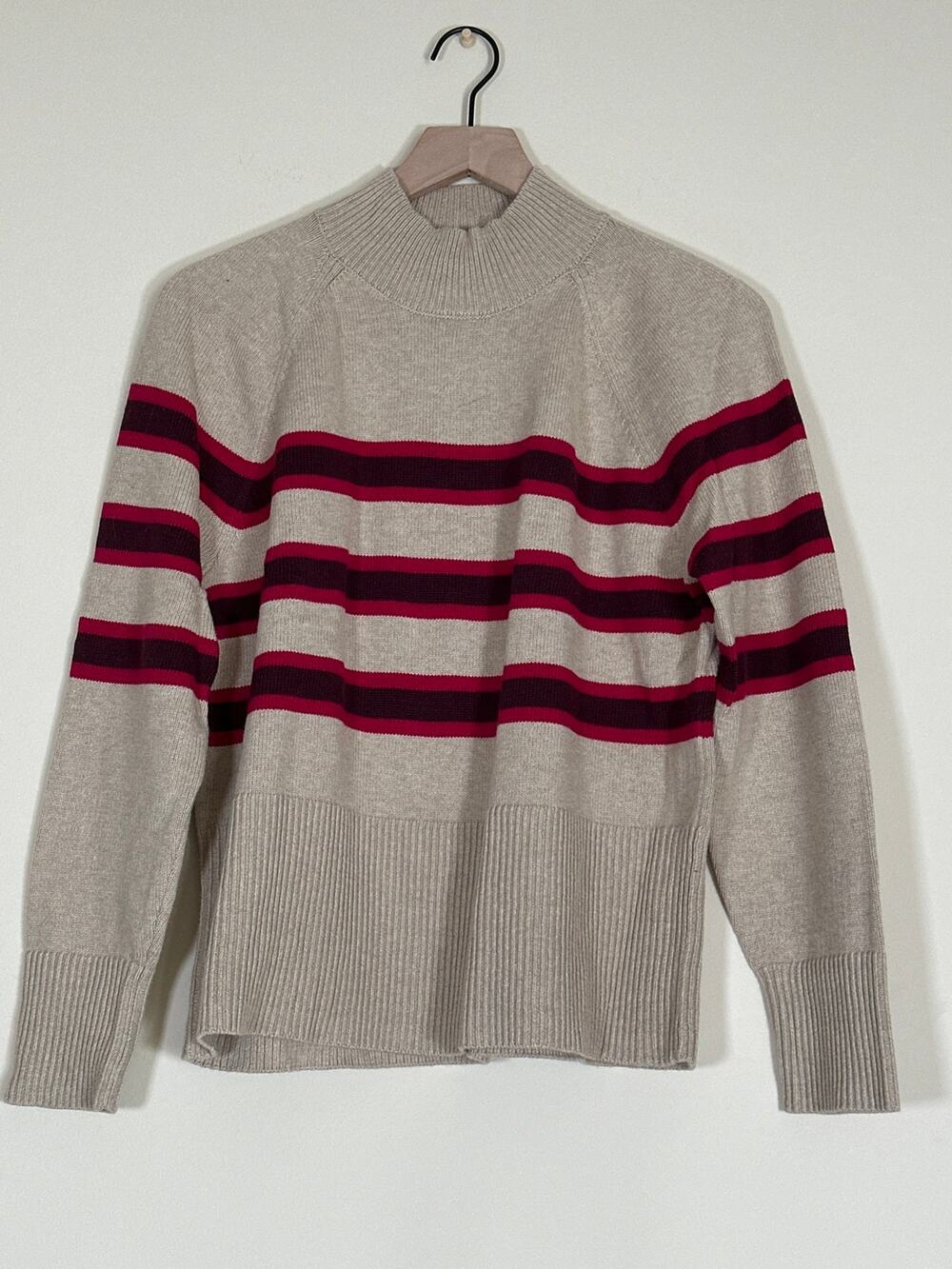 LOFT Women’s Striped Mock Neck Sweater Tan Burgundy Pink Size Large